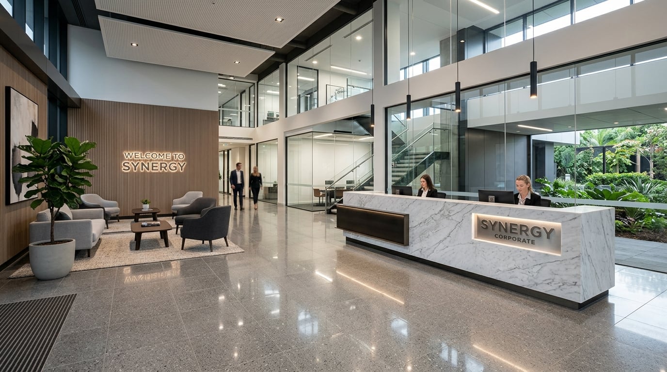 Modern corporate office lobby of Queensland Enterprises